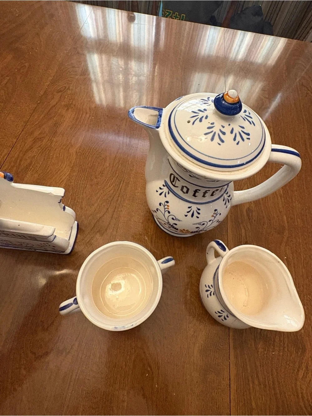 Hand-Painted Blue & Cream Ceramic Coffee Set with Sugar, Creamer & Napkin Holder